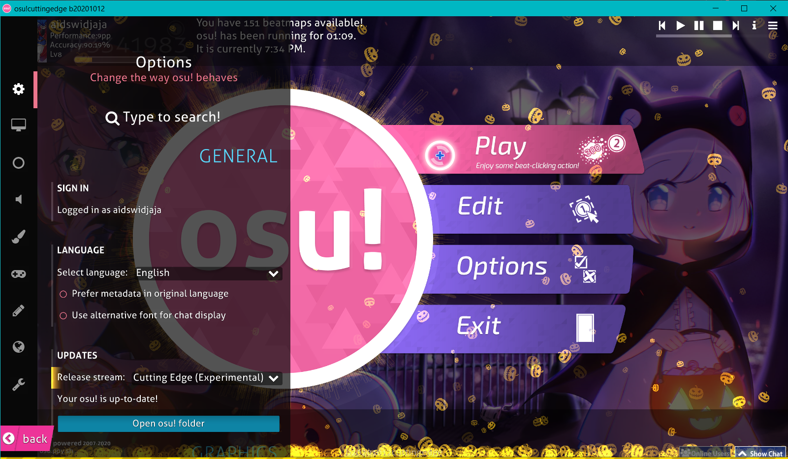 osu! in-game settings menu.
