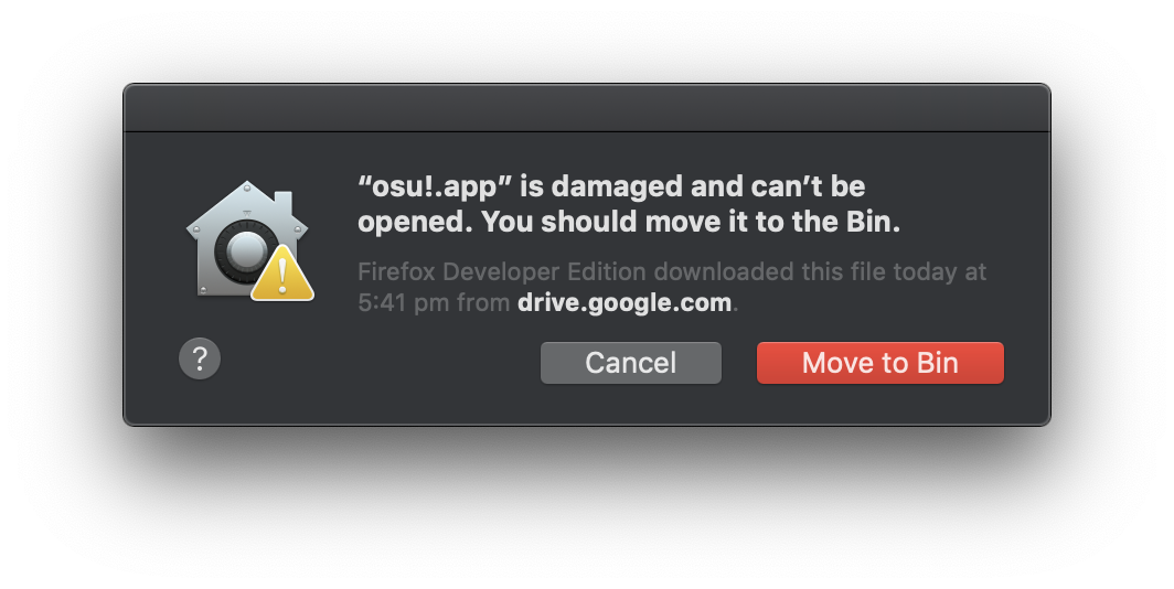 'osu!.app is damaged and can't be opened. You should move it to the Bin.