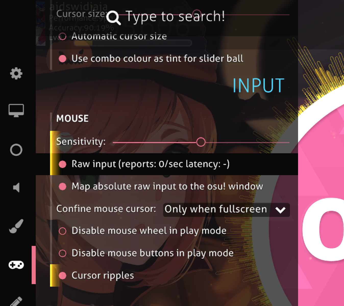osu! in-game settings, showing the input menu.