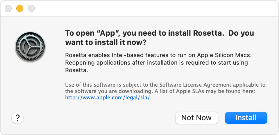 'To open "App", you need to install Rosetta. Do you want to install it now?'
